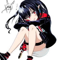 2girls :p absurdres agharta amiya_(arknights) animal_ears arknights arm_rest arms_on_knees bare_legs belt black_hair black_jacket black_shoes blue_pupils blush closure_(arknights) commentary_request earclip feet_out_of_frame frown hair_between_eyes head_rest head_tilt heart heart-shaped_pupils highres id_card jacket knees_to_chest long_hair long_sleeves looking_at_viewer low_ponytail miniskirt multiple_girls open_clothes open_jacket pencil_skirt pointy_ears ponytail rabbit_ears rabbit_girl red_eyes rhodes_island_logo_(arknights) shoes simple_background sitting skirt solo_focus symbol-shaped_pupils thigh_belt thigh_strap tongue tongue_out tool_belt translation_request turn_pale two-sided_fabric two-sided_jacket two_side_up white_background white_skirt