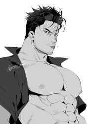 1boy :p abs bara beard_stubble boku_no_hero_academia burn_scar collarbone collared_shirt endeavor_(boku_no_hero_academia) eyewear_on_head facial_hair grey_background large_pectorals looking_at_viewer ma_(maa21maa) nipples open_clothes open_shirt pectorals scar scar_on_face shirt short_hair short_sideburns simple_background stubble sunglasses tongue tongue_out twitter_username upper_body v-shaped_eyebrows wing_collar