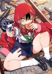 1girl aiming aiming_at_viewer ak-47 assault_rifle black_hair breasts brown_hair burger cleavage cover cover_page cross-shaped_pupils curvy detexted dress_shoes elbow_on_knee fang food food_in_mouth from_above gravel green_neckerchief gun h&amp;k_mp5 handgun highres holding holding_burger holding_food holding_gun holding_weapon hood hood_up hoodie ikai_tettai_para_bellum inami_mayuru inoue_sora kalashnikov_rifle kneehighs long_hair manga_cover miniskirt multicolored_hair neckerchief official_art on_railroad_tracks one_eye_closed orange_nails purple_eyes railroad_tracks red_hoodie rifle sailor_collar sailor_shirt shell_casing shirt shorts shorts_under_skirt sitting skirt socks solo spread_legs streaked_hair submachine_gun symbol-shaped_pupils thighs third-party_edit third-party_source weapon