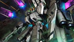 absurdres artist_request asteroid axis_(gundam) battle beam_cannon beam_rifle char&#039;s_counterattack company_name copyright_notice energy energy_beam energy_gun fin_funnels glowing glowing_eyes green_eyes gundam gundam_battle_operation_2 highres holding holding_weapon looking_at_viewer machinery mecha mecha_focus mobile_suit no_humans nu_gundam nu_gundam_hws official_art realistic robot science_fiction solo space sunrise_(company) thrusters v-fin weapon zero_gravity