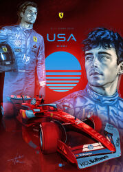2boys absurdres black_hair blue_eyes blue_jumpsuit car carlos_sainz charles_leclerc commentary english_commentary expressionless formula_one formula_racer giovanni_p._timpano hair_slicked_back head_tilt helmet highres holding holding_helmet jumpsuit light_frown looking_to_the_side male_focus motor_vehicle multiple_boys official_art promotional_art race_vehicle racecar real_life realistic red_car shadow shell_(company) signature spoiler_(automobile) sponsor unworn_headwear unworn_helmet vehicle_focus