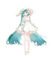 1girl armpits blue_eyes blue_hair bow collarbone dress female_focus floating_hair flower full_body green_bow green_ribbon hair_flower hair_ornament hand_on_headwear hat hat_bow hat_ribbon hatsune_miku head_tilt highres long_hair looking_at_viewer open_mouth ribbon simple_background sleeveless sleeveless_dress solo standing strapless strapless_dress sun_hat twintails very_long_hair vocaloid white_background white_dress white_flower white_hat yyb