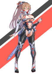1girl absurdres android armor bikini_armor blush breasts brown_hair cleavage commission full_body green_eyes hair_between_eyes highres holding holding_sword holding_weapon large_breasts long_hair looking_at_viewer navel original pointy_ears ponytail revealing_clothes ringobatake skeb_commission solo standing sword thighhighs variant_set weapon
