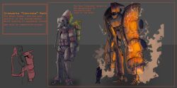 absurdres ammunition_pouch birdymp4 border commentary concept_art crack english_commentary english_text gas_cylinder glowing glowing_eyes glowing_hot grey_background highres industrial_pipe lava leaking long_arms machinery mecha mecha_focus orange_border original outside_border phallic_symbol pouch red_eyes robot science_fiction sexually_suggestive size_comparison sparks standing welding_mask