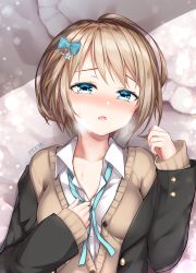 1girl bed_sheet black_jacket blazer blue_bow blue_ribbon blush bow breasts brown_cardigan cardigan collared_shirt commentary_request dress_shirt eyebrows_hidden_by_hair female_focus hair_bow hand_up heavy_breathing highres jacket light_brown_hair long_sleeves lying neck_ribbon nose_blush omoomomo on_back open_cardigan open_clothes open_jacket original parted_lips ribbon school_uniform shirt short_hair sick signature sleeves_past_wrists small_breasts solo sweat tears upper_body white_shirt
