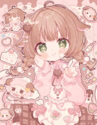 +_+ 1girl :3 :q ahoge apron blunt_bangs blush braid brown_background brown_hair brown_skirt chibi closed_eyes closed_mouth commentary_request commission cowboy_shot cream frilled_apron frills green_eyes hands_up heart heart_ahoge highres hoshimiya_meeple indie_virtual_youtuber kamizakana_iriko long_sleeves looking_at_viewer medium_hair mixing_bowl outline pink_shirt plaid_clothes plaid_skirt sheep shirt skeb_commission skirt smile tongue tongue_out twin_braids twitter_username waist_apron white_apron white_outline