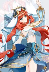 Rule 34 | 1girl, absurdres, arm up, black horns, blonde hair, blue skirt, breasts, chinese commentary, closed mouth, commentary request, crop top, fake horns, from side, genshin impact, harem outfit, highres, horns, long hair, long sleeves, low twintails, midriff, nilou (genshin impact), puffy long sleeves, puffy sleeves, red hair, ruogong qingyue, skirt, small breasts, solo, twintails, veil, white veil, zoom layer