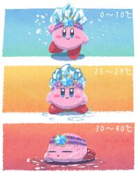 blue_eyes blush_stickers closed_eyes cold commentary highres hot ice_kirby kirby kirby_(series) looking_at_viewer melting miclot nintendo no_humans smile symbol-only_commentary