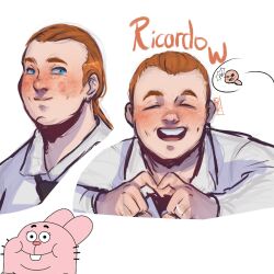 1boy 1girl anais_watterson blue_eyes blush collared_shirt fat fat_man feristhii highres humanization long_hair looking_at_viewer richard_watterson shirt solo the_amazing_world_of_gumball white_shirt