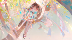 1girl absurdres blue_eyes branch brown_hair chinese_commentary fingernails flower full_body glasses hair_between_eyes hair_over_one_eye highres holding holding_brush in_tree long_hair looking_at_viewer nail_polish on_tree red_nails round_eyewear sidelocks sitting sitting_in_tree smile solo sunlight tree watermark weibo_watermark wuthering_waves yangming_li_wan_dianfen_chang zhezhi_(wuthering_waves)