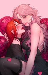 Rule 34 | 2girls, bad thinking diary, black choker, black dress, black thighhighs, blush, braid, cho minjae, choker, commentary request, dress, earrings, heart, heart-shaped pillow, highres, jewelry, korean commentary, long hair, looking at another, looking at viewer, multiple girls, oh hyera, open mouth, pillow, pink eyes, pink hair, rangrarii, red hair, ribbon choker, single braid, sitting, thighhighs, wavy hair, yuri