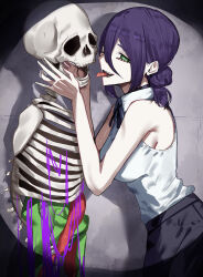 Rule 34 | 1girl, absurdres, black choker, black shorts, chainsaw man, choker, hair bun, highres, intestines, kudo udon, looking at viewer, purple hair, reze (chainsaw man), shirt, shorts, skeleton, sleeveless, sleeveless shirt, solo, teeth, tongue, tongue out, white shirt