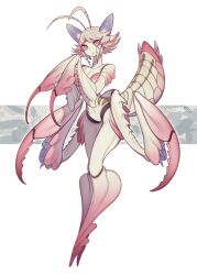 1girl antennae arthropod_girl arthropod_limbs arthropod_tail carapace colored_inner_hair colored_skin commentary_request extra_arms full_body highres looking_at_viewer mantis_girl monster_girl multicolored_hair no_feet original pink_eyes pink_hair ruteko_(ruko220) short_hair solo tail white_background white_hair white_skin