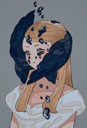 Rule 34 | 1girl, black feathers, black liquid, black tears, black wings, blonde hair, blue feathers, blue wings, brown eyes, collarbone, commentary, dress, english commentary, feathers, film grain, floating, floating liquid, floating tears, grey background, head wings, highres, horizontal pupils, liquid, long hair, meyoco, open mouth, original, short sleeves, simple background, solo, white dress, wings