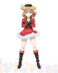 1girl artbook belt black_boots black_gloves boots collarbone crossed_arms dress full_body fur_trim gloves hat hat_feather highres kinmirai_happy_end knee_boots long_sleeves looking_at_viewer love_live! love_live!_sunshine!! non-web_source official_alternate_costume official_art orange_hair red_dress red_eyes short_hair simple_background smile solo standing takami_chika white_background