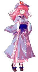 1girl alphes_(style) blue_bow blue_sash bow breasts butterfly_print_kimono closed_eyes commentary_request crying dairi frills full_body hat japanese_clothes large_variant_set long_hair long_sleeves medium_breasts open_mouth parody saigyouji_yuyuko sash shoes solo standing style_parody tachi-e touhou transparent_background triangular_headpiece variant_set wide_sleeves wink_hair