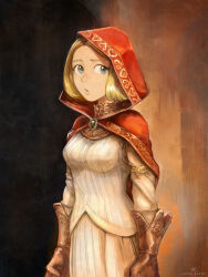 1girl armlet blonde_hair blue_eyes cloak david_revoy elden_ring gloves highres hood hooded_cloak jewelry long_sleeves neckerchief open_mouth parted_hair red_cloak red_hood roderika_(elden_ring) shirt skirt solo tunic white_shirt white_skirt white_tunic