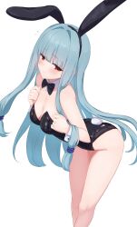 1girl :| absurdres animal_ear_hairband animal_ears arched_back averting_eyes bare_shoulders bent_over black_bow black_bowtie black_leotard blue_hair blunt_bangs blush bow bowtie breasts closed_mouth commentary detached_collar fake_animal_ears fake_tail feet_out_of_frame flying_sweatdrops furrowed_brow hair_intakes hairband highleg highleg_leotard highres kotonoha_aoi leotard long_hair looking_at_viewer low-tied_sidelocks nervous playboy_bunny rabbit_ear_hairband rabbit_ears rabbit_tail red_eyes ruttse sidelocks simple_background small_breasts solo strapless strapless_leotard tail traditional_bowtie very_long_hair voiceroid wavy_mouth white_background white_wrist_cuffs wrist_cuffs