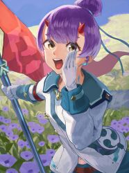 1girl absurdres brown_eyes center-flap_bangs commentary_request field fiona_(xenoblade) flag flower flower_field gloves highres holding holding_flag horns looking_at_viewer open_mouth outdoors ponaponyo ponytail purple_flower purple_hair red_flag solo standing teeth tongue upper_teeth_only white_gloves xenoblade_chronicles_(series) xenoblade_chronicles_3