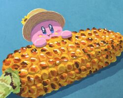 blue_background colored_skin commentary_request corn corn_cob flower food_focus hat hat_flower kirby kirby_(series) miclot nintendo no_humans pink_skin sun_hat yellow_flower