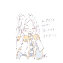 1girl =_= absurdres belt belt_buckle black_belt buckle capelet closed_eyes closed_mouth cropped_torso earrings frieren hair_between_eyes highres jewelry long_hair long_sleeves parted_bangs seila_rei shirt short_eyebrows simple_background small_sweatdrop solo sousou_no_frieren striped_clothes striped_shirt sweat thick_eyebrows translation_request twintails upper_body white_background white_capelet white_hair