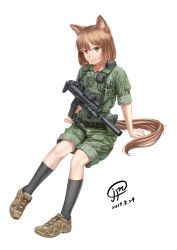1girl animal_ears belt brown_hair dated dog_ears dog_girl dog_tail female_focus german_shepherd green_eyes gun gun_sling h&amp;k_mp7 highres jpc kneehighs load_bearing_vest looking_at_viewer machine_pistol medium_hair original pants pants_rolled_up personal_defense_weapon pigeon-toed shorts_rolled_up signature simple_background sitting sleeves_rolled_up socks solo submachine_gun suppressor tail walkie-talkie weapon white_background