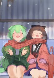 2girls brown_hair closed_eyes closed_umbrella coat feet_out_of_frame gloves green_hair green_jacket green_shorts highres jacket legs_together long_sleeves multiple_girls obi open_clothes open_coat open_jacket open_mouth outdoors pink_gloves plaid_clothes plaid_scarf pocche-ex purple_skirt red_coat red_scarf sash scarf shared_clothes shared_scarf shirt shorts sitting skirt smile steam_from_mouth touhoku_kiritan umbrella voiceroid voicevox white_shirt winter winter_clothes zundamon