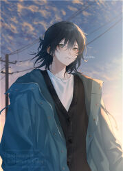 1boy black_hair black_sweater_vest blue_jacket blurry blurry_background cable cloud gradient_sky grey_eyes half_updo hama_m highres jacket looking_to_the_side male_focus medium_hair original parted_lips sky solo sweater_vest utility_pole