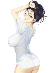 1girl arms_up ass black_hair blueorca breasts covered_erect_nipples green_eyes grin hands_on_own_head highres large_breasts lips looking_at_viewer looking_back mole mole_under_eye no_pants original panties pantylines ruffling_hair shirt simple_background smile solo t-shirt taut_clothes taut_shirt underwear white_background white_shirt