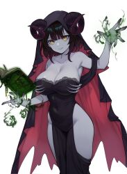 1girl absurdres arm_up bare_shoulders black_dress black_hair black_nails book breasts brown_eyes closed_mouth collarbone colored_skin commentary_request covered_navel dress grey_skin groin highres horns horns_through_headwear korean_commentary large_breasts looking_at_viewer nail_polish necromancer open_book original simple_background smile solo strapless strapless_dress veil white_background ysoa26