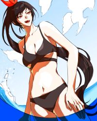 1girl 4444_2x2_4 absurdres bare_arms bare_shoulders bikini black_bikini black_hair blue_sky breasts cleavage cloud ha_yuri_zahard hand_on_own_hip highres long_hair looking_at_another ocean open_mouth original ponytail red_ribbon ribbon sky smile solo swimsuit teeth thighs tower_of_god upper_teeth_only water waves