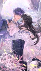 1boy 1girl bare_shoulders black_hair black_jacket black_pants breasts collared_shirt coral couple detached_sleeves dress fish hand_on_another&#039;s_waist hetero highres holding_hands jacket jellyfish long_hair love_and_deepspace medium_breasts pants parted_bangs protagonist_(love_and_deepspace) purple_eyes purple_hair rafayel_(love_and_deepspace) school_of_fish shirt short_hair underwater upper_body wavy_hair white_dress white_shirt white_sleeves yibai0419