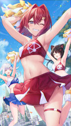 3girls ange_katrina animal_ears arm_behind_head armpits arms_up asymmetrical_clothes blue_bra blue_eyes blue_hair blue_skirt blue_sky blunt_bangs blurry blurry_background bra breasts brown_hair cheerleader cleavage closed_eyes confetti day dog_ears dog_girl floating_hair gradient_hair grin hair_intakes hair_ornament hairclip highres holding holding_pom_poms inui_toko kashiwagi_touko light_blue_hair light_blush lize_helesta long_hair looking_at_viewer low_twintails matching_outfits medium_breasts miniskirt multicolored_hair multiple_girls navel nijisanji no_socks one_eye_closed open_mouth outdoors palace pleated_skirt pom_pom_(cheerleading) pom_poms red_bra red_eyes red_hair red_skirt sanbaka_(nijisanji) shoes short_hair sidelocks skindentation skirt sky small_breasts smile sneakers solo_focus sports_bra stomach thigh_strap tree triangle_hair_ornament twintails underwear virtual_youtuber white_hair white_shoes