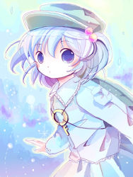 1girl bad_id bad_pixiv_id blue_eyes blue_hair female_focus gradient_background hair_bobbles hair_ornament hat ichitaro kawashiro_nitori key matching_hair/eyes short_hair solo touhou twintails two_side_up