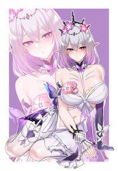 1girl absurdres arm_support bare_shoulders black_tiara blush border breasts castorice_(honkai:_star_rail) cleavage clothing_cutout commentary_request dogs_(dlrkdejr26) dress elbow_gloves flower gloves gradient_hair grey_hair hair_flower hair_ornament highres honkai:_star_rail honkai_(series) korean_commentary large_breasts long_hair looking_at_viewer multicolored_hair nail_polish navel parted_lips pink_flower pointy_ears purple_background purple_eyes purple_gloves purple_hair purple_nails sidelocks single_elbow_glove sitting solo stomach stomach_cutout tiara variant_set very_long_hair white_border white_dress zoom_layer