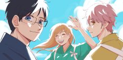 1girl 1halfvanilla 2boys :d ayase_chihaya black_hair blue_eyes brown_hair chihayafuru closed_eyes cloud day green_kimono hand_up highres japanese_clothes kimono mashima_taichi multiple_boys open_mouth outdoors pink_hair short_hair smile tasuki wataya_arata yellow_eyes yellow_kimono