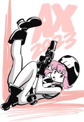 Rule 34 | 10s, 1girl, 2023, alternate costume, dated, full body, gloves, gun, hat, highres, holding, holding gun, holding weapon, jakuzure nonon, kicking, kill la kill, leg up, nudist beach uniform, official art, pink eyes, revealing clothes, sidelocks, simple background, sushio, weapon, wide hips, wrist cuffs