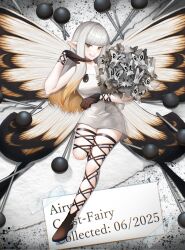 Rule 34 | 1girl, airy (bravely default), black gloves, bravely default: flying fairy, bravely default (series), butterfly wings, cross-laced clothes, cross-laced legwear, dress, fairy, gloves, highres, insect pin, insect wings, long hair, pin, pointy ears, short dress, smile, tbeebees, white dress, white hair, wings