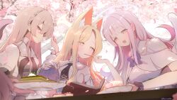 3girls :d absurdres animal_ear_fluff animal_ears black_neckerchief blonde_hair blue_archive blue_bow blue_bowtie blunt_bangs blurry blush book bow bowtie braid bright_pupils brown_hair buttons cake cake_slice capelet cherry_blossoms closed_mouth commentary_request cross_halo crown_braid day depth_of_field detached_sleeves double-breasted dress eating extra_ears feeding food fox_ears fox_girl hair_bun halo hand_up happy highres holding holding_plate long_hair looking_at_another low_wings mika_(blue_archive) multiple_girls nagisa_(blue_archive) neckerchief open_book open_mouth outdoors parted_bangs petals pink_hair pink_halo plate profile sailor_collar sakurano_rocco school_uniform scrunchie seia_(blue_archive) serafuku sidelocks single_side_bun sleeveless sleeveless_dress smile spring_(season) sweatdrop tea_party_(blue_archive) twitter_username upper_body utensil_in_mouth white_capelet white_dress white_pupils white_sailor_collar white_wings wide_sleeves wings wrist_scrunchie yellow_eyes yellow_halo