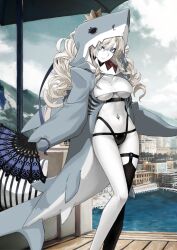 1girl animal_costume animal_hood bikini black_bikini blonde_hair blue_eyes breasts breasts_apart closed_mouth crop_top crown fate/grand_order fate_(series) feet_out_of_frame folding_fan game_cg groin hair_through_hood hand_fan holding holding_fan hood hood_up konoe_ototsugu kriemhild_(fate) kriemhild_(swimsuit_rider)_(second_ascension)_(fate) long_hair looking_at_viewer medium_breasts navel_piercing official_art outdoors pale_skin piercing shark_costume single_bare_leg single_thighhigh smile solo standing swimsuit thighhighs twintails underboob variant_set