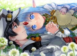 1boy 1girl absurdres black_hair blue_eyes blue_hair commentary commission couple dress el_mofus el_mofus_(black_hair_male) field flat_chest flower flower_field forehead_jewel goggles goggles_on_headwear green_eyes hat hetero highres holding_hands interlocked_fingers kalar_(race) long_hair looking_at_another lying nature outdoors pointy_ears rance_(series) rance_x reset_kalar shirane_taito skeb_commission upper_body