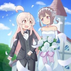 2girls :d ahoge bare_shoulders black_bow black_bowtie black_pants black_suit blue_hair blue_sky blunt_bangs blurry blurry_background bouquet bow bowtie bridal_veil bride brown_eyes brown_hair choker church collarbone commentary_request day dress flower formal_clothes gekogekobuhihi gloves groom hair_between_eyes highres holding holding_another&#039;s_arm holding_bouquet hozuki_momiji light_blush long_hair long_sleeves looking_at_viewer multiple_girls onii-chan_wa_oshimai! open_mouth outdoors oyama_mahiro pants petals pink_eyes pink_hair ponytail shirt short_hair short_ponytail sky smile strapless strapless_dress suit unworn_gloves veil very_long_hair wedding wedding_dress white_choker white_dress white_gloves white_shirt wife_and_wife yuri