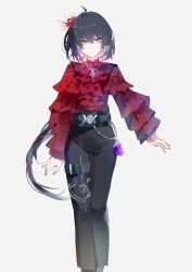 1girl absurdres black_hair black_pants closed_mouth commentary_request earrings feet_out_of_frame female_rover_(wuthering_waves) flower grey_background hair_flower hair_ornament highres jewelry long_hair long_sleeves looking_at_viewer low_ponytail pants ponytail red_flower red_shirt rover_(wuthering_waves) shigureszku shirt shirt_tucked_in simple_background solo spider_lily triangle_earrings very_long_hair wuthering_waves yellow_eyes
