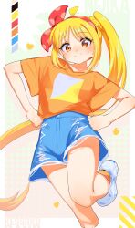 Rule 34 | 1girl, absurdres, ahoge, bocchi the rock!, brown eyes, commentary, denim, denim shorts, eltir, hands on own hips, highres, ijichi nijika, long hair, looking at viewer, orange shirt, shirt, shoes, short sleeves, shorts, side ponytail, smile, sneakers, solo, standing, standing on one leg, symbol-only commentary, very long hair