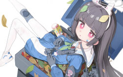 1girl absurdres animal_ears binoculars black_gloves black_hair blue_archive blue_serafuku fake_animal_ears gloves green_neckerchief grey_halo halo highres in_container in_trash_can knee_pads leaf leaf_on_head long_hair looking_at_viewer miyu_(blue_archive) neckerchief nyune open_mouth pantyhose pleated_skirt rabbit_ears red_eyes sailor_collar school_uniform serafuku shoes simple_background single_knee_pad skirt solo trash_can white_background white_pantyhose white_sailor_collar white_shoes