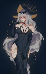 1girl arknights bare_shoulders black_background black_dress black_gloves black_hat blush breasts cleavage clothing_cutout commentary dress english_commentary gloves grey_hair hand_up hat highres large_breasts long_hair looking_at_viewer meme_attire meme_request modakawa_dress orz_(kagewaka) pointy_hat red_eyes simple_background smile solo specter_(arknights) specter_the_unchained_(arknights) thigh_cutout very_long_hair