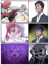 Rule 34 | 1boy, 2girls, baseball cap, bed sheet, bikini, black headwear, black jacket, blue hair, blush, breasts, cleavage, crying, fins, fish tail, gawr gura, gawr gura (casual), grey hair, hat, heterochromia, highres, hololive, hololive english, houshou marine, houshou marine (summer), imminent kiss, implied sex, jacket, jewelry, large breasts, long hair, multicolored hair, multiple girls, naked sheet, official alternate costume, open mouth, red bikini, red eyes, red hair, red jacket, reflect (gawr gura), saliva, shark girl, shark tail, shinkiro (hololive), small breasts, smile, streaked hair, swimsuit, tail, teeth, two-sided fabric, virtual youtuber, yagoo, yellow eyes, yuri, zedd (zedgawr)