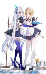 Rule 34 | 2girls, :d, alternate costume, apron, black dress, black nails, black shoes, blonde hair, blue gloves, blue thighhighs, blush, breasts, bucket, cleavage, closed mouth, commentary, dress, elbow gloves, enmaided, fingernails, frilled apron, frilled hairband, frills, full body, genshin impact, gloves, hair between eyes, hairband, high heels, highres, holding, holding mop, holding trail, long hair, looking at viewer, lumine (genshin impact), maid, maid headdress, medium breasts, mop, multiple girls, nail polish, open mouth, puffy short sleeves, puffy sleeves, red eyes, shoes, short hair with long locks, short sleeves, sideboob, skirk (genshin impact), smile, standing, star-shaped pupils, star (symbol), symbol-shaped pupils, teeth, thighhighs, tile floor, tiles, twitter username, unosaki2, upper teeth only, very long hair, white apron, white hair, white hairband, white thighhighs, white wrist cuffs, wrist cuffs, yellow eyes