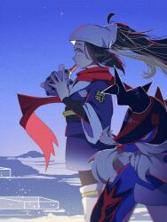 1girl akari_(pokemon) black_sash flute fukkatsu_no_maya galaxy_expedition_team_survey_corps_uniform headscarf highres hisuian_samurott instrument music nintendo playing_flute playing_instrument pokemon pokemon_(creature) pokemon_legends:_arceus red_scarf sash scarf star_(sky) starry_sky_background white_headscarf