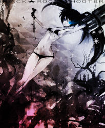 Rule 34 | 10s, armpits, bat (animal), bikini, black bikini, black hair, black rock shooter, black rock shooter (character), blue eyes, chain, cuffs, duca, flat chest, front-tie top, long hair, pale skin, scar, skinny, solo, swimsuit, twintails